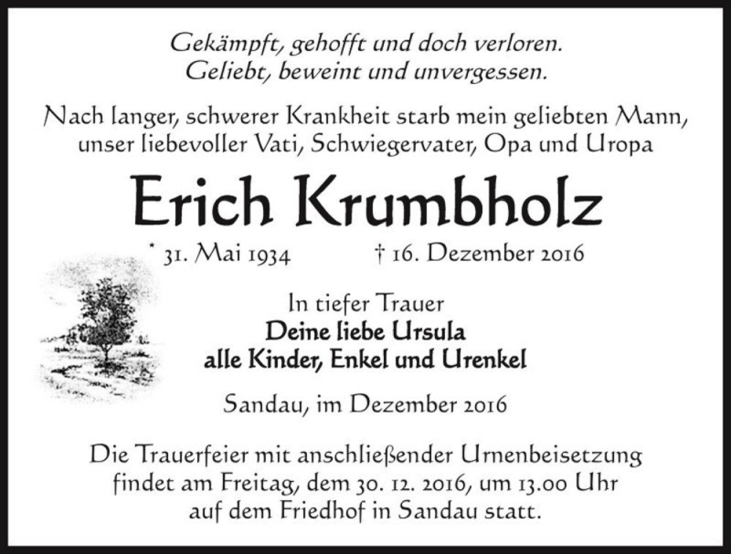  Traueranzeige für Erich Krumbholz  vom 20.12.2016 aus Magdeburger Volksstimme