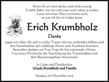 Traueranzeige von Erich Krumbholz  von Magdeburger Volksstimme