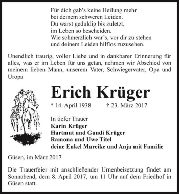 Traueranzeige von Erich Krüger  von Magdeburger Volksstimme
