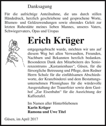 Traueranzeige von Erich Krüger  von Magdeburger Volksstimme