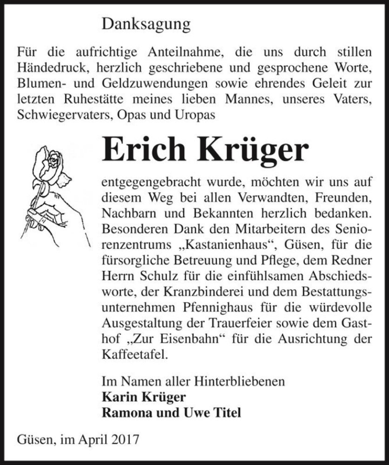  Traueranzeige für Erich Krüger  vom 15.04.2017 aus Magdeburger Volksstimme