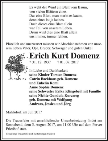 Traueranzeige von Erich Kurt Domenz  von Magdeburger Volksstimme