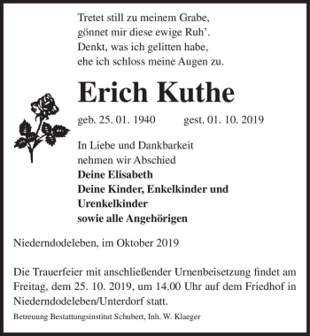 Traueranzeige von Erich Kuthe  von Magdeburger Volksstimme