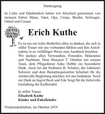 Traueranzeige von Erich Kuthe  von Magdeburger Volksstimme