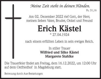 Traueranzeige von Erich Kästel  von Magdeburger Volksstimme