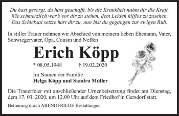 Traueranzeige von Erich Köpp  von Magdeburger Volksstimme