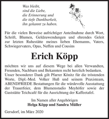 Traueranzeige von Erich Köpp  von Magdeburger Volksstimme