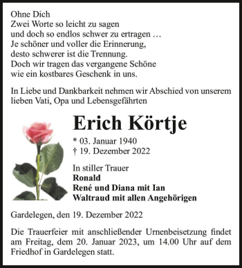 Traueranzeige von Erich Körtje  von Magdeburger Volksstimme