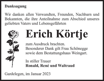 Traueranzeige von Erich Körtje  von Magdeburger Volksstimme