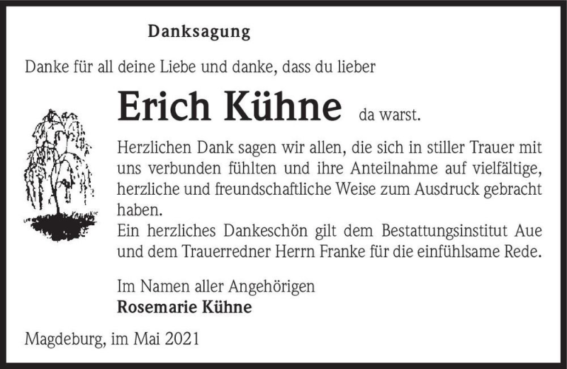  Traueranzeige für Erich Kühne  vom 29.05.2021 aus Magdeburger Volksstimme