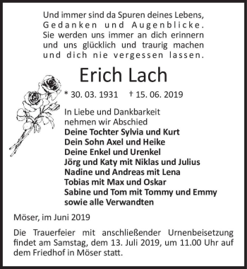 Traueranzeige von Erich Lach  von Magdeburger Volksstimme