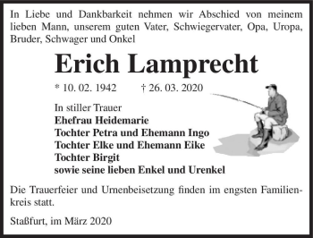 Traueranzeige von Erich Lamprecht  von Magdeburger Volksstimme