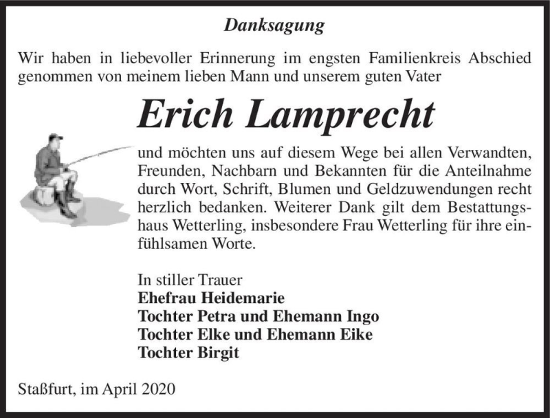  Traueranzeige für Erich Lamprecht  vom 18.04.2020 aus Magdeburger Volksstimme