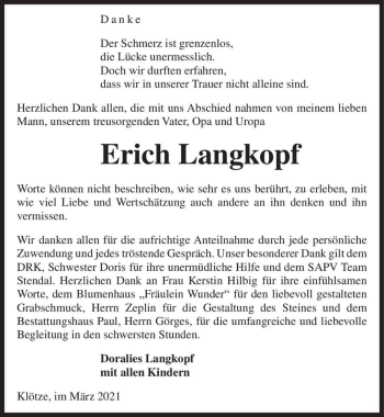 Traueranzeige von Erich Langkopf  von Magdeburger Volksstimme