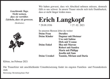 Traueranzeige von Erich Langkopf  von Magdeburger Volksstimme