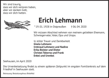 Traueranzeige von Erich Lehmann  von Magdeburger Volksstimme