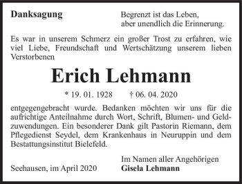 Traueranzeige von Erich Lehmann  von Magdeburger Volksstimme