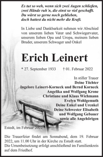 Traueranzeige von Erich Leinert  von Magdeburger Volksstimme