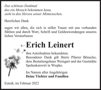 Traueranzeige von Erich Leinert  von Magdeburger Volksstimme