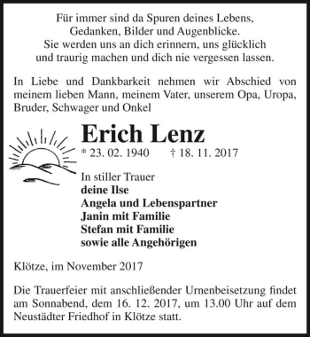 Traueranzeige von Erich Lenz  von Magdeburger Volksstimme