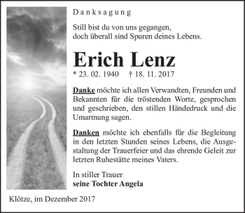 Traueranzeige von Erich Lenz  von Magdeburger Volksstimme