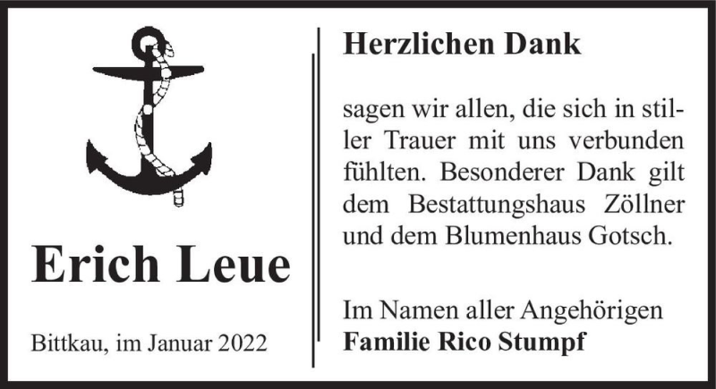  Traueranzeige für Erich Leue  vom 08.01.2022 aus Magdeburger Volksstimme