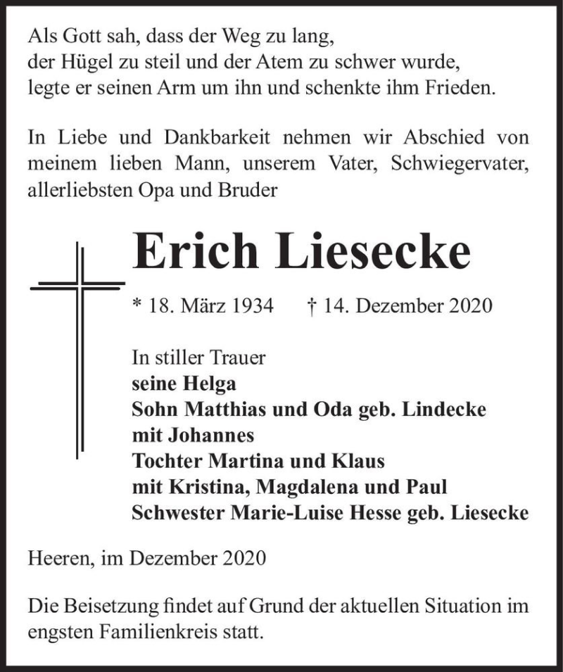  Traueranzeige für Erich Liesecke  vom 16.12.2020 aus Magdeburger Volksstimme