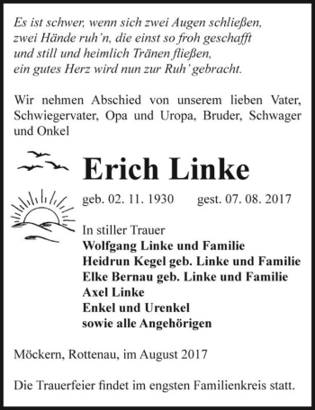 Traueranzeige von Erich Linke  von Magdeburger Volksstimme