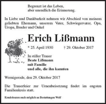 Traueranzeige von Erich Lißmann  von Magdeburger Volksstimme