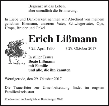 Traueranzeige von Erich Lißmann  von Magdeburger Volksstimme