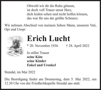 Traueranzeige von Erich Lucht  von Magdeburger Volksstimme