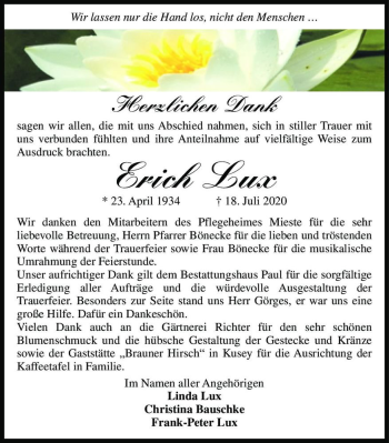 Traueranzeige von Erich Lux  von Magdeburger Volksstimme
