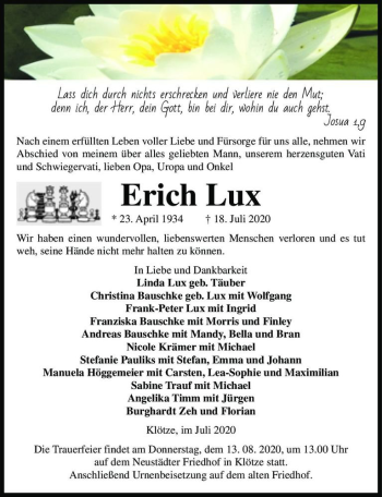 Traueranzeige von Erich Lux  von Magdeburger Volksstimme