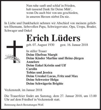 Traueranzeige von Erich Lüders  von Magdeburger Volksstimme