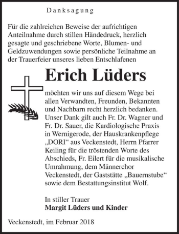 Traueranzeige von Erich Lüders  von Magdeburger Volksstimme