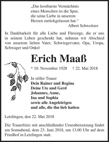 Traueranzeige von Erich Maaß  von Magdeburger Volksstimme