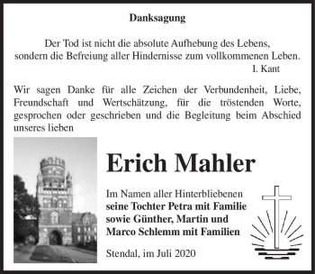 Traueranzeige von Erich Mahler  von Magdeburger Volksstimme