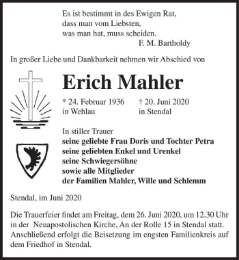 Traueranzeige von Erich Mahler  von Magdeburger Volksstimme