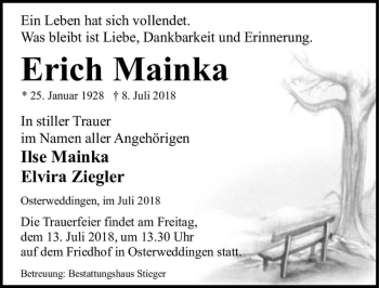 Traueranzeige von Erich Mainka  von Magdeburger Volksstimme