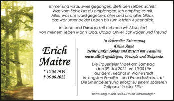 Traueranzeige von Erich Maitre  von Magdeburger Volksstimme