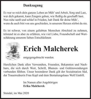 Traueranzeige von Erich Malcherek  von Magdeburger Volksstimme