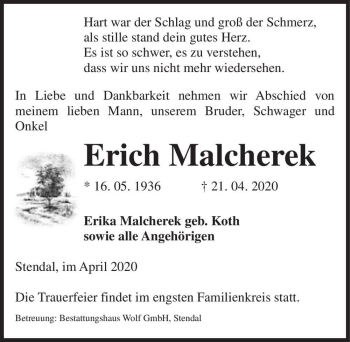 Traueranzeige von Erich Malcherek  von Magdeburger Volksstimme