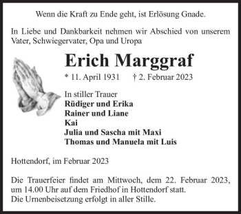 Traueranzeige von Erich Marggraf  von Magdeburger Volksstimme