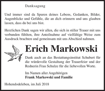 Traueranzeige von Erich Markowski  von Magdeburger Volksstimme