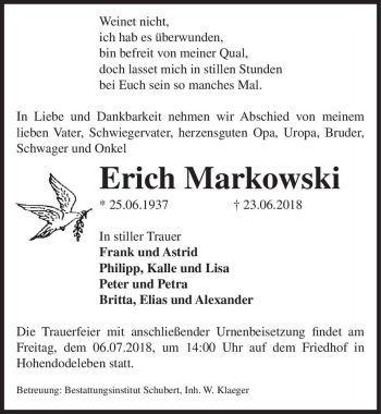 Traueranzeige von Erich Markowski  von Magdeburger Volksstimme