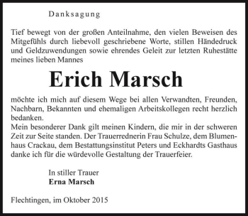 Traueranzeige von Erich Marsch  von Magdeburger Volksstimme