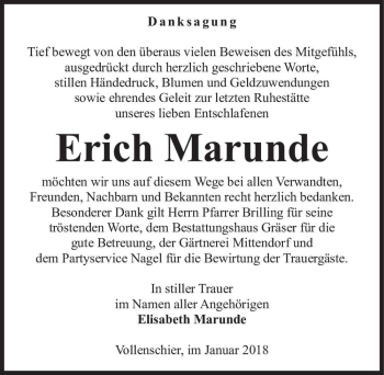 Traueranzeige von Erich Marunde  von Magdeburger Volksstimme