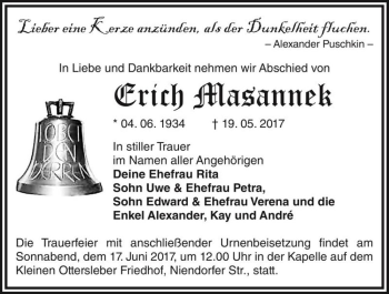 Traueranzeige von Erich Masannek  von Magdeburger Volksstimme