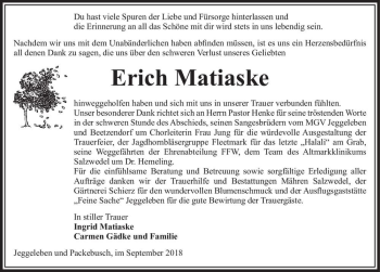 Traueranzeige von Erich Matiaske  von Magdeburger Volksstimme