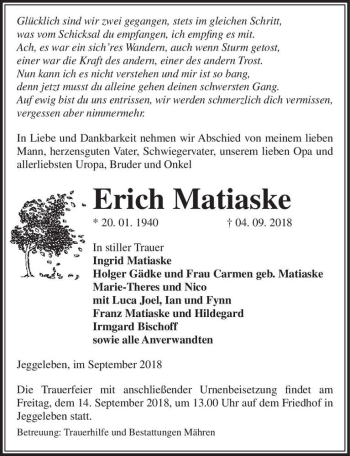 Traueranzeige von Erich Matiaske  von Magdeburger Volksstimme